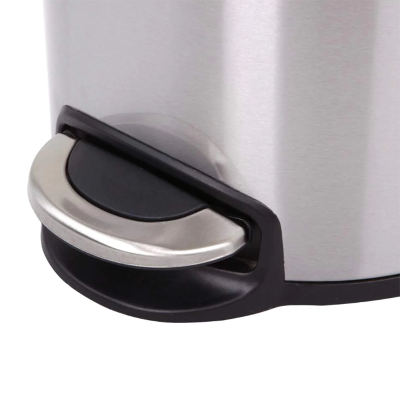 Serene 8L pedal bin made of brushed stainless steel with a durable hard plastic base, featuring a cantilever foot pedal and a soft close damper lid for smooth, silent operation. The bin has a modern matte finish and a non-liner design for maximum capacity