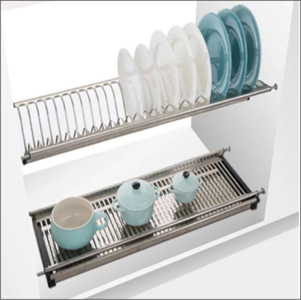 Stainless steel overhead dish rack for efficient kitchen storage and organization.