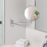 8-inch wall-mounted double-sided cosmetic mirror with chrome finish, featuring a folding arm and 5X magnification on one side for detailed grooming. The arm extends up to 14 inches for flexible positioning.