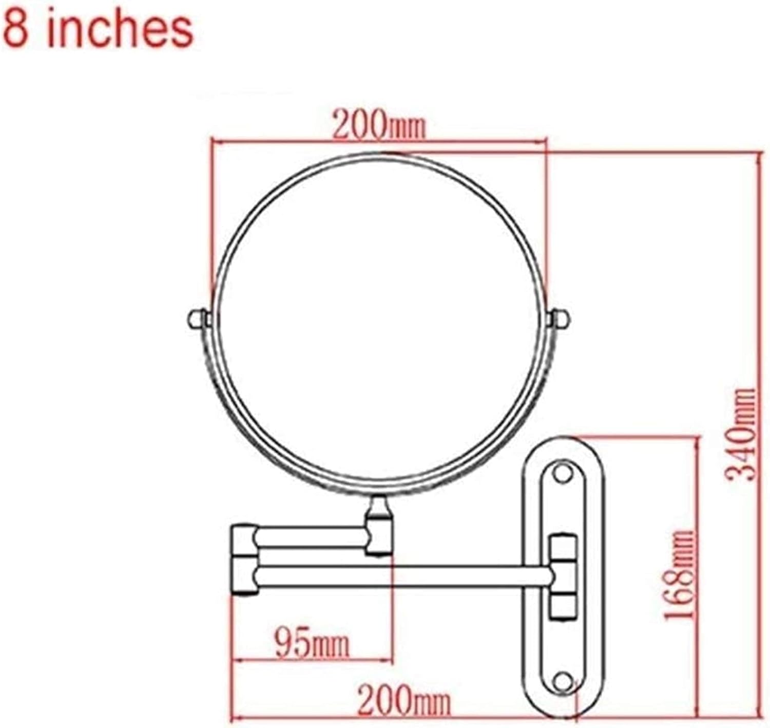 8-inch wall-mounted double-sided cosmetic mirror with chrome finish, featuring a folding arm and 5X magnification on one side for detailed grooming. The arm extends up to 14 inches for flexible positioning.