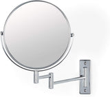 8-inch wall-mounted double-sided cosmetic mirror with chrome finish, featuring a folding arm and 5X magnification on one side for detailed grooming. The arm extends up to 14 inches for flexible positioning.