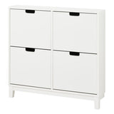 White 4-compartment shoe cabinet with a slim design, measuring 37 3/4 inches wide, 6 3/4 inches deep, and 35 3/8 inches high, perfect for organized and space-saving shoe storage