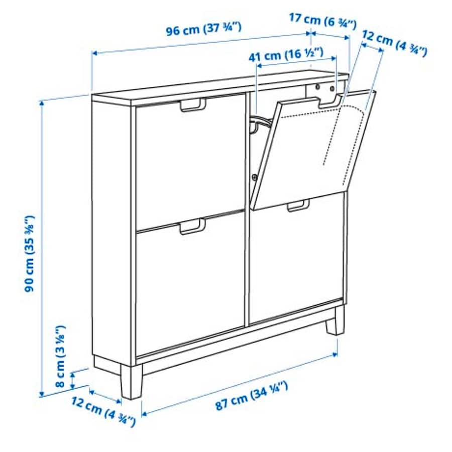 White 4-compartment shoe cabinet with a slim design, measuring 37 3/4 inches wide, 6 3/4 inches deep, and 35 3/8 inches high, perfect for organized and space-saving shoe storage