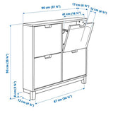 White 4-compartment shoe cabinet with a slim design, measuring 37 3/4 inches wide, 6 3/4 inches deep, and 35 3/8 inches high, perfect for organized and space-saving shoe storage