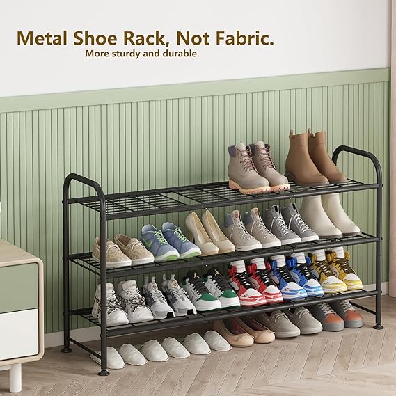 3 Tier Long Shoe Rack Storage Organizer for Closet Entryway Metal Black