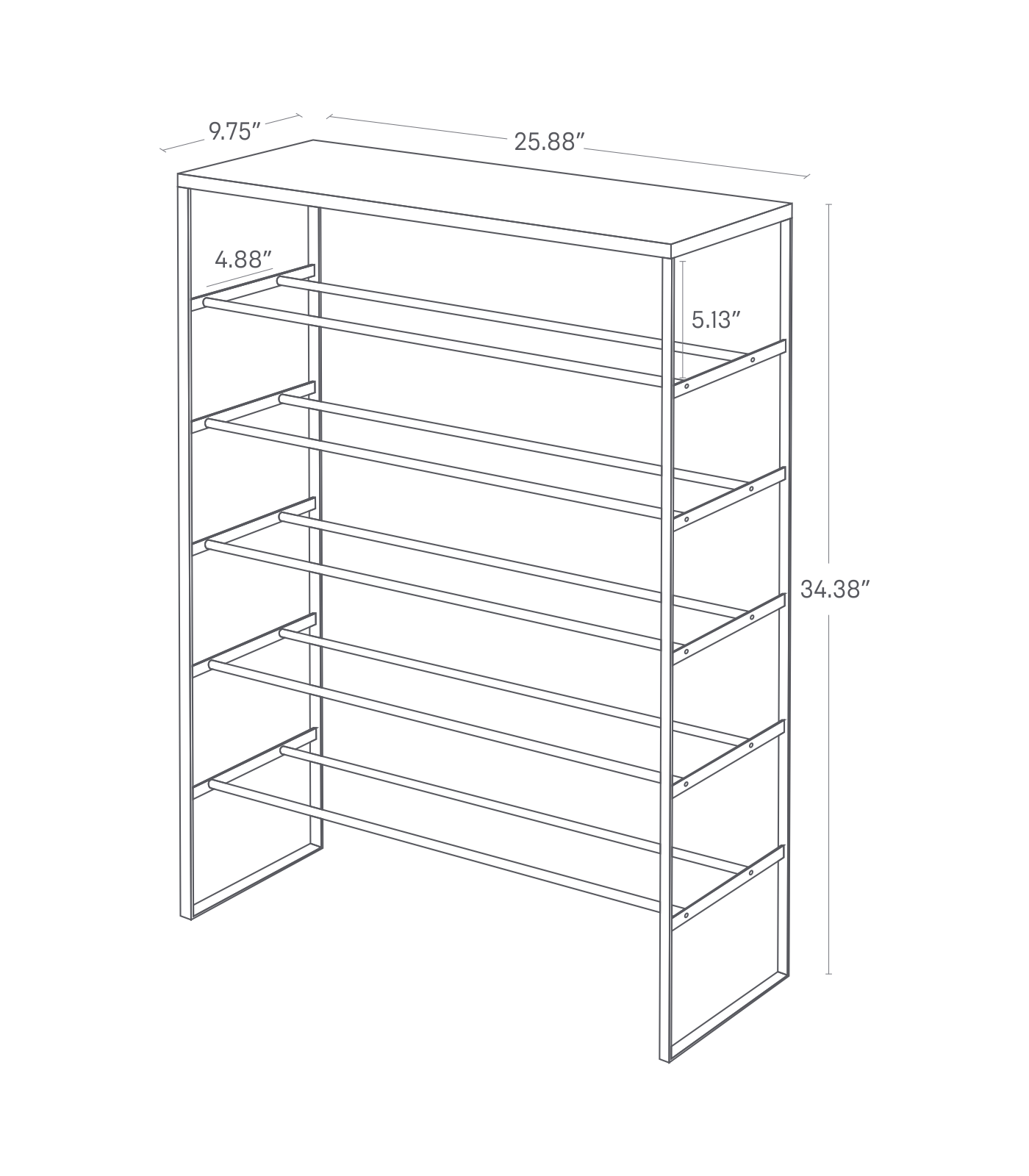 Six-tier shoe rack (34" H) in black, featuring a tall, slim-profile design with space for taller shoes and boots, clip hooks for hanging accessories, and dimensions L 9.84 x W 25.98 x H 34.25 inches, ideal for organized footwear storage