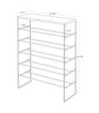 Six-tier shoe rack (34" H) in black, featuring a tall, slim-profile design with space for taller shoes and boots, clip hooks for hanging accessories, and dimensions L 9.84 x W 25.98 x H 34.25 inches, ideal for organized footwear storage