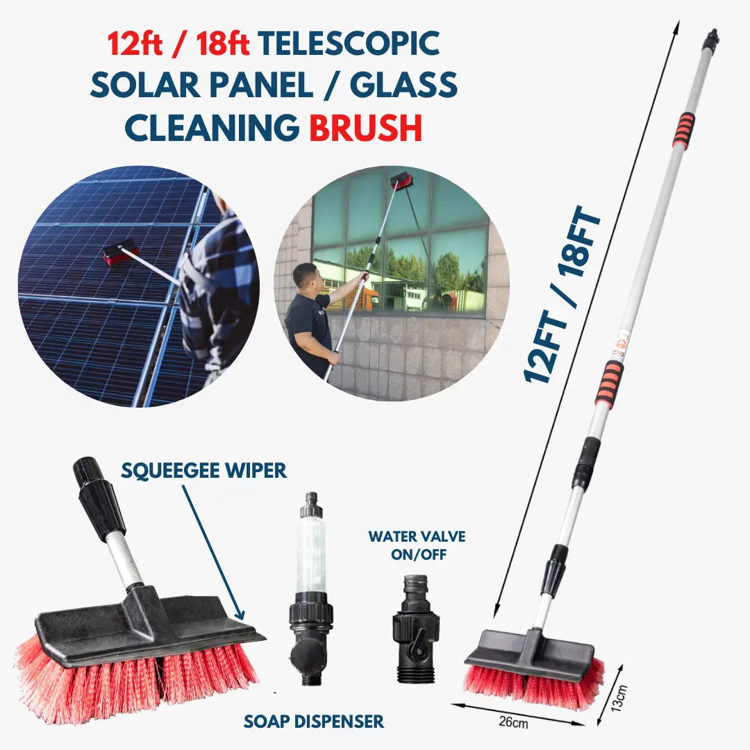 Telescopic solar panel glass cleaning brush with squeegee wiper and water dispenser, available in 12ft and 18ft lengths.