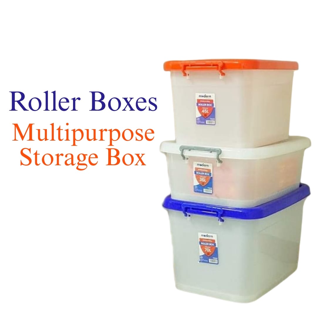 Multipurpose roller storage box with wheels and safety lock, featuring durable construction, ergonomic handle, and secure buckle-up latches for easy mobility and safe storage of various items