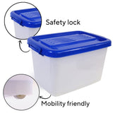 Multipurpose roller storage box with wheels and safety lock, featuring durable construction, ergonomic handle, and secure buckle-up latches for easy mobility and safe storage of various items