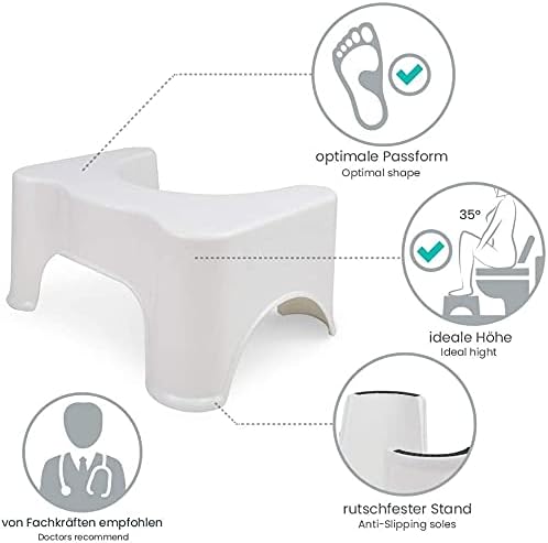 Toilet Foot Stool for Adults & Kids, space-saving design, made from high-quality food-grade material, easy to clean, sustainable, provides perfect colon alignment to relieve bowel-related issues, minimalistic design suitable for any bathroom, lightweight and easy to move, dimensions: 17.5 x 11.2 x 8.4 inches.