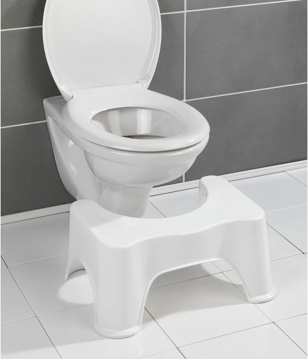 Toilet Foot Stool for Adults & Kids, space-saving design, made from high-quality food-grade material, easy to clean, sustainable, provides perfect colon alignment to relieve bowel-related issues, minimalistic design suitable for any bathroom, lightweight and easy to move, dimensions: 17.5 x 11.2 x 8.4 inches.