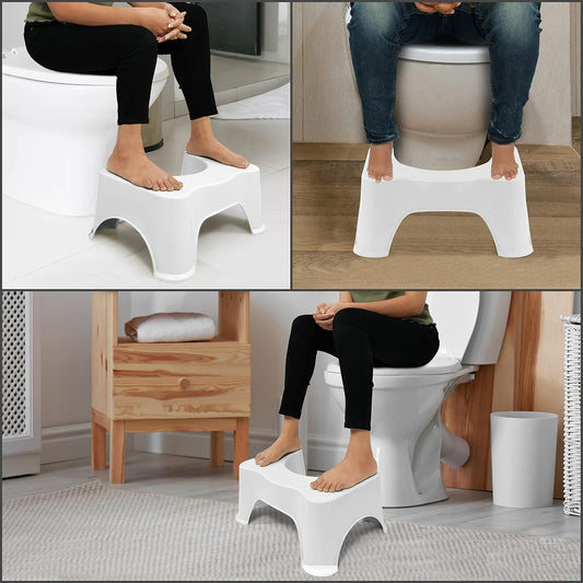 Toilet Foot Stool for Adults & Kids, space-saving design, made from high-quality food-grade material, easy to clean, sustainable, provides perfect colon alignment to relieve bowel-related issues, minimalistic design suitable for any bathroom, lightweight and easy to move, dimensions: 17.5 x 11.2 x 8.4 inches.