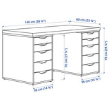 Compact working table with drawers in white, measuring 55 1/8" x 23 5/8", designed for limited spaces, featuring two drawer units for storage, perfect for home office or study use.