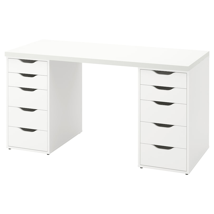 Compact working table with drawers in white, measuring 55 1/8" x 23 5/8", designed for limited spaces, featuring two drawer units for storage, perfect for home office or study use.