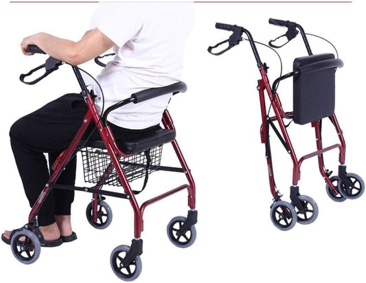 
Foldable 4-wheel walker with seat, backrest, and storage bag for enhanced mobility and comfort for seniors and disabled individuals.