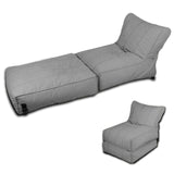 Convertible flip-out sofa and bean bag bed chair in a stylish, water-repellant fabric. Features durable stitching, available in various colors, transforms from a standard chair to an extra-large bed