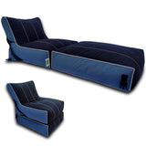 Convertible flip-out sofa and bean bag bed chair in a stylish, water-repellant fabric. Features durable stitching, available in various colors, transforms from a standard chair to an extra-large bed