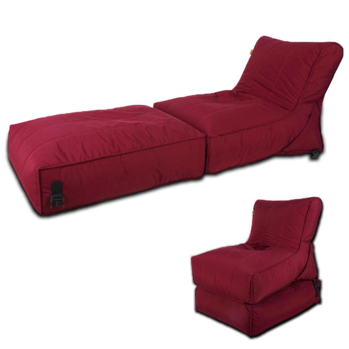 Convertible flip-out sofa and bean bag bed chair in a stylish, water-repellant fabric. Features durable stitching, available in various colors, transforms from a standard chair to an extra-large bed