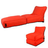 Convertible flip-out sofa and bean bag bed chair in a stylish, water-repellant fabric. Features durable stitching, available in various colors, transforms from a standard chair to an extra-large bed