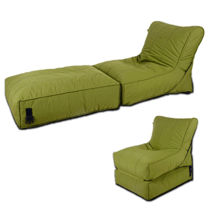 Convertible flip-out sofa and bean bag bed chair in a stylish, water-repellant fabric. Features durable stitching, available in various colors, transforms from a standard chair to an extra-large bed