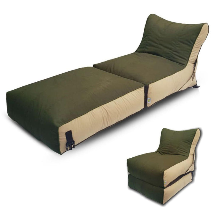 Convertible flip-out sofa and bean bag bed chair in a stylish, water-repellant fabric. Features durable stitching, available in various colors, transforms from a standard chair to an extra-large bed