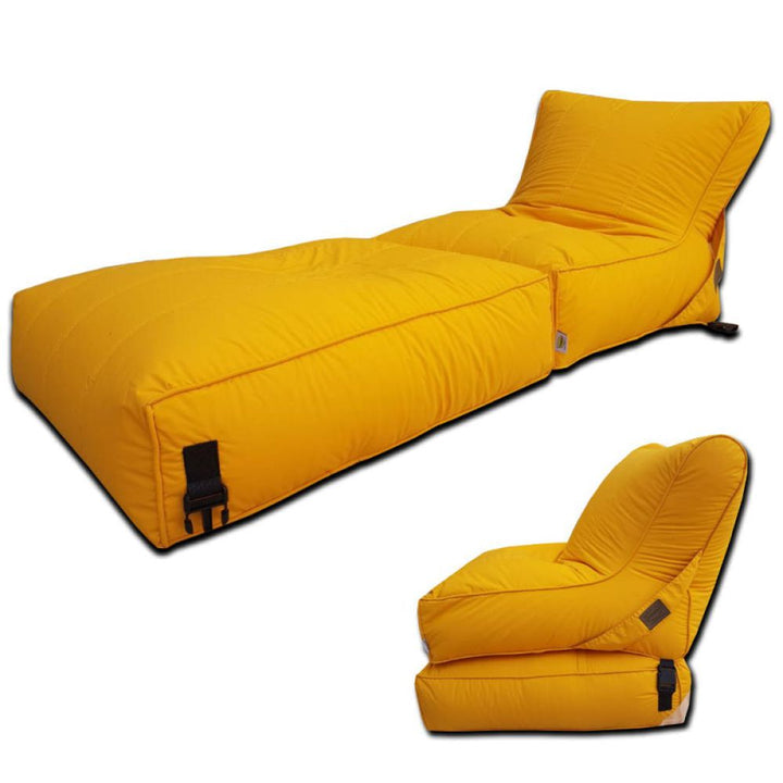 Convertible flip-out sofa and bean bag bed chair in a stylish, water-repellant fabric. Features durable stitching, available in various colors, transforms from a standard chair to an extra-large bed