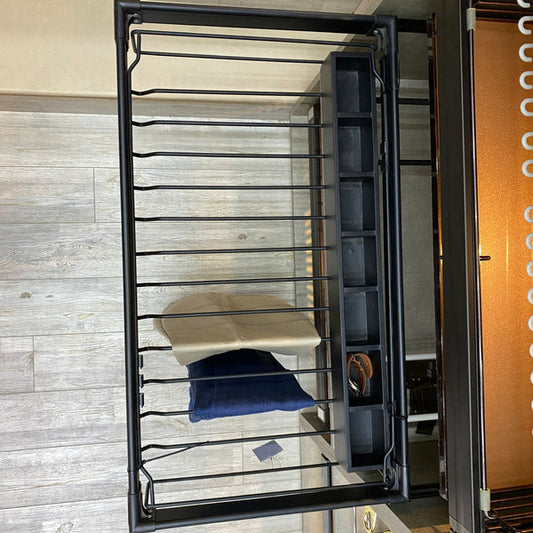 Soft-close undermount rail aluminium trouser rack for wardrobe organization.