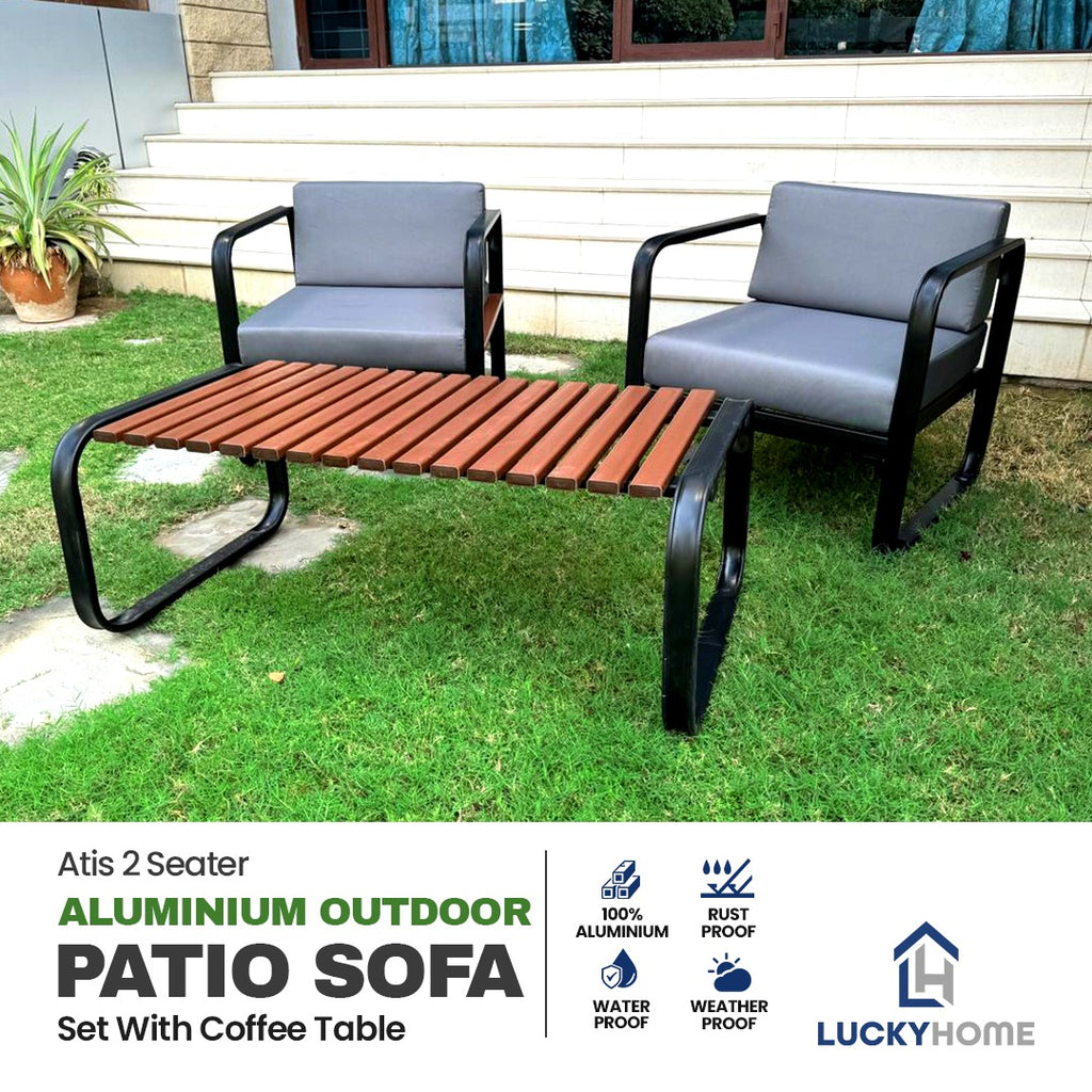 Atis 2 Seater Aluminium Outdoor Patio Sofa Set with Coffee Table ...