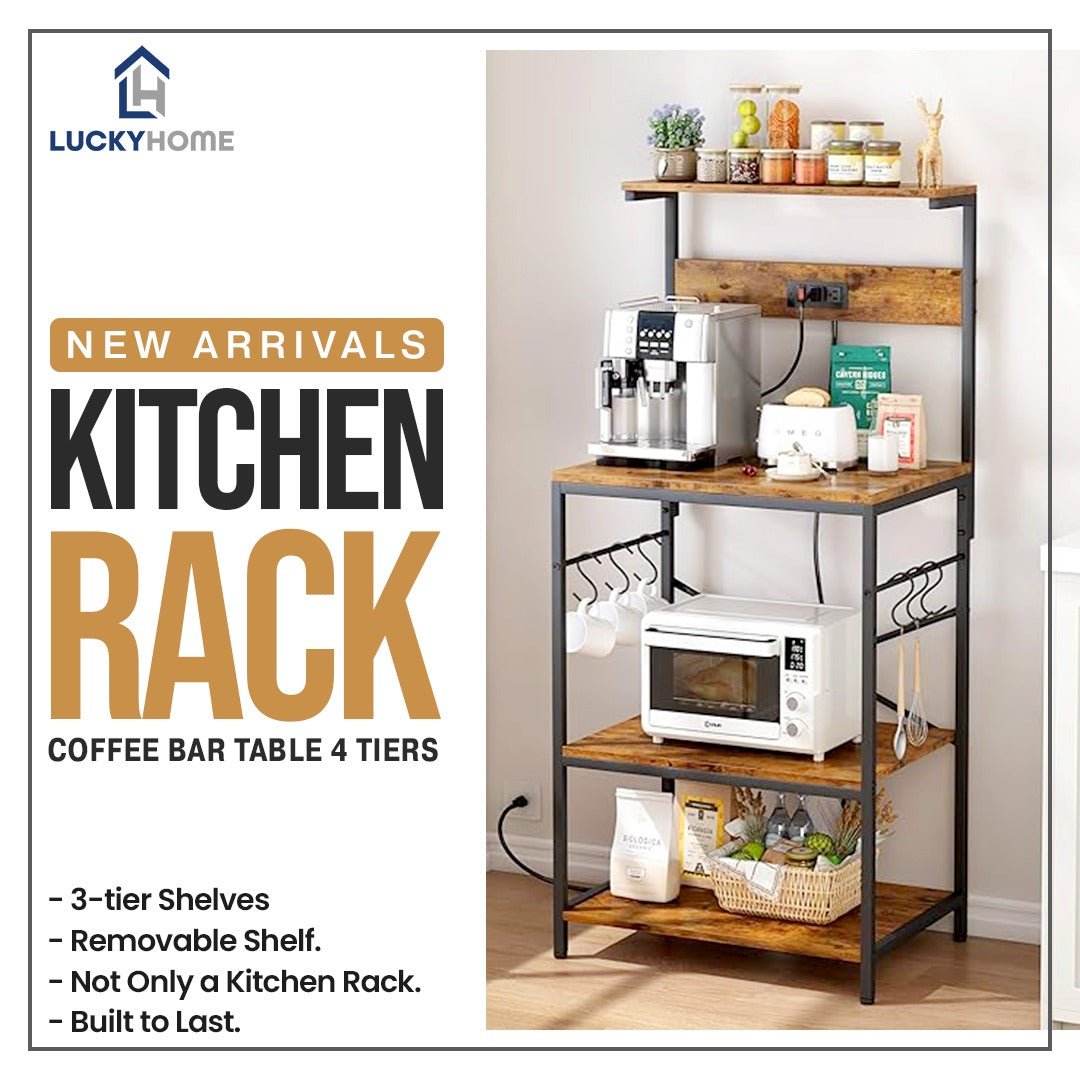 Kitchen Bakers Rack, Coffee Bar Table 4 Tiers, Kitchen Microwave Stand with 6 S-shaped Hooks, Kitchen Storage Shelf Rack for Spices, Pots and Pans - Rustic Brown