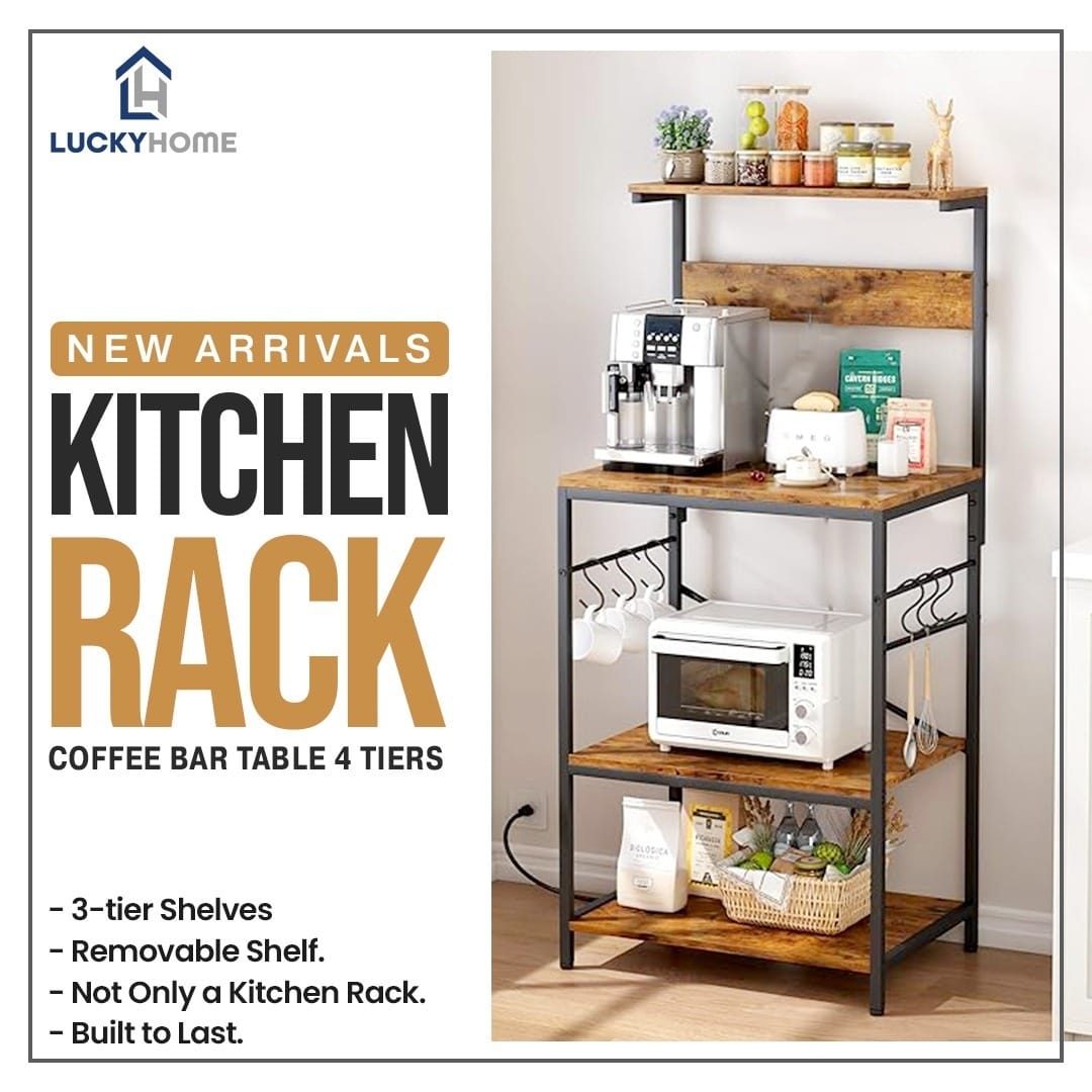 Versatile 3-tier kitchen rack with adjustable shelves, S-hooks, and durable steel frame, ideal for storage, coffee bars, or decor.