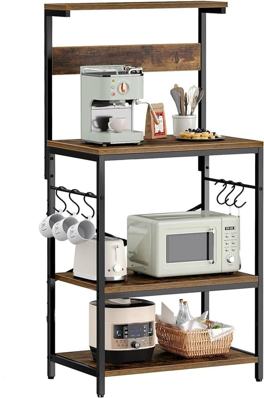 Versatile 3-tier kitchen rack with adjustable shelves, S-hooks, and durable steel frame, ideal for storage, coffee bars, or decor.