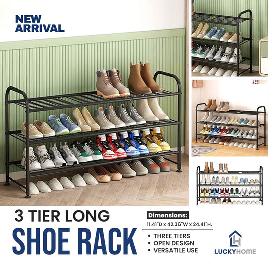 3 Tier Long Shoe Rack Storage Organizer for Closet Entryway Metal Black