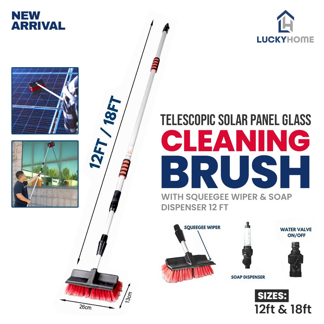 Telescopic Solar Panel Glass Cleaning Brush with Squeegee Wiper & Soap Dispenser 12 ft