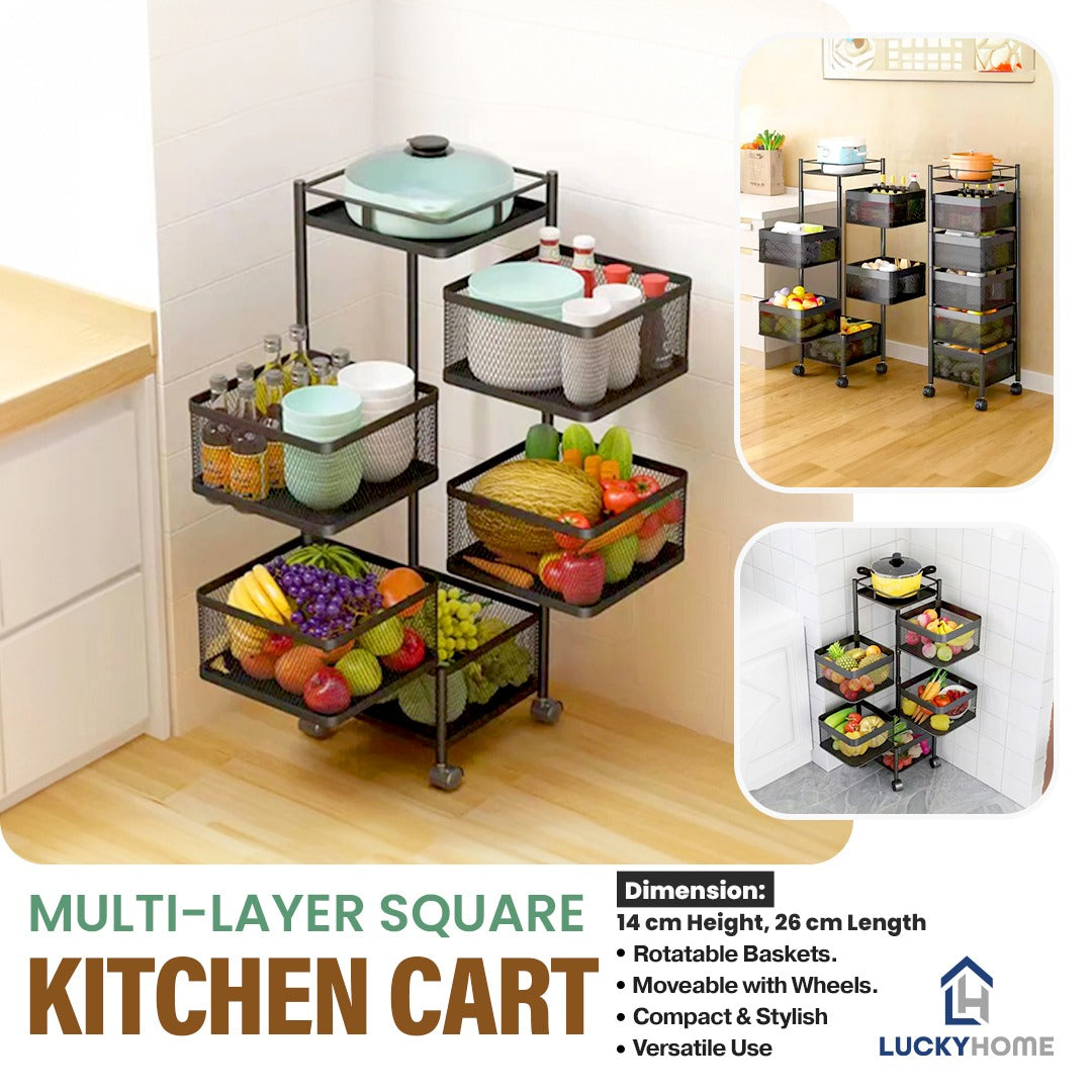 Multi-Layer Square Kitchen Cart with Rotating Basket and Wheels – Versatile Storage Rack for Vegetables & Fruits