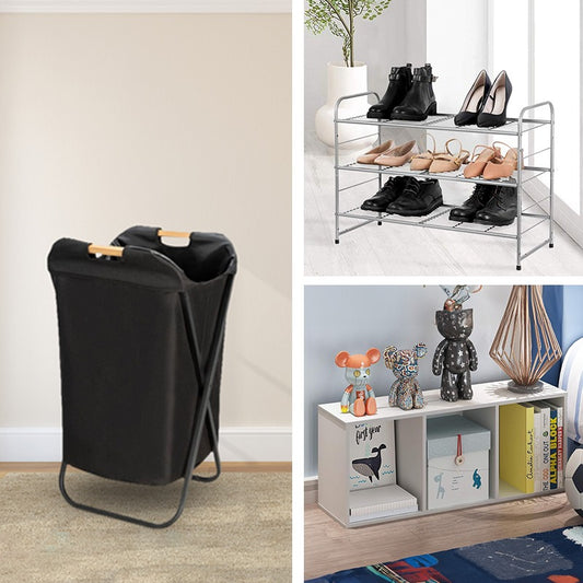 Home Organization Set: Shoe Rack & Bookcase, Laundry Bin