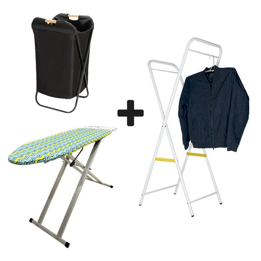 Laundry Care Set: Hamper, Aluminum Ironing Stand & Cloth Hanger