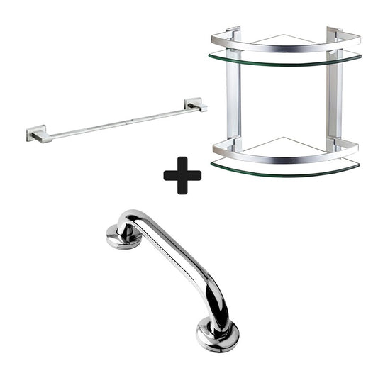 Bathroom Storage Set: SS Towel Bar, SS Grab Handle & Aluminum 2-Tier Corner Shelf