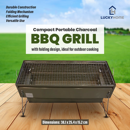 Compact portable charcoal BBQ grill with folding design, ideal for outdoor cooking.