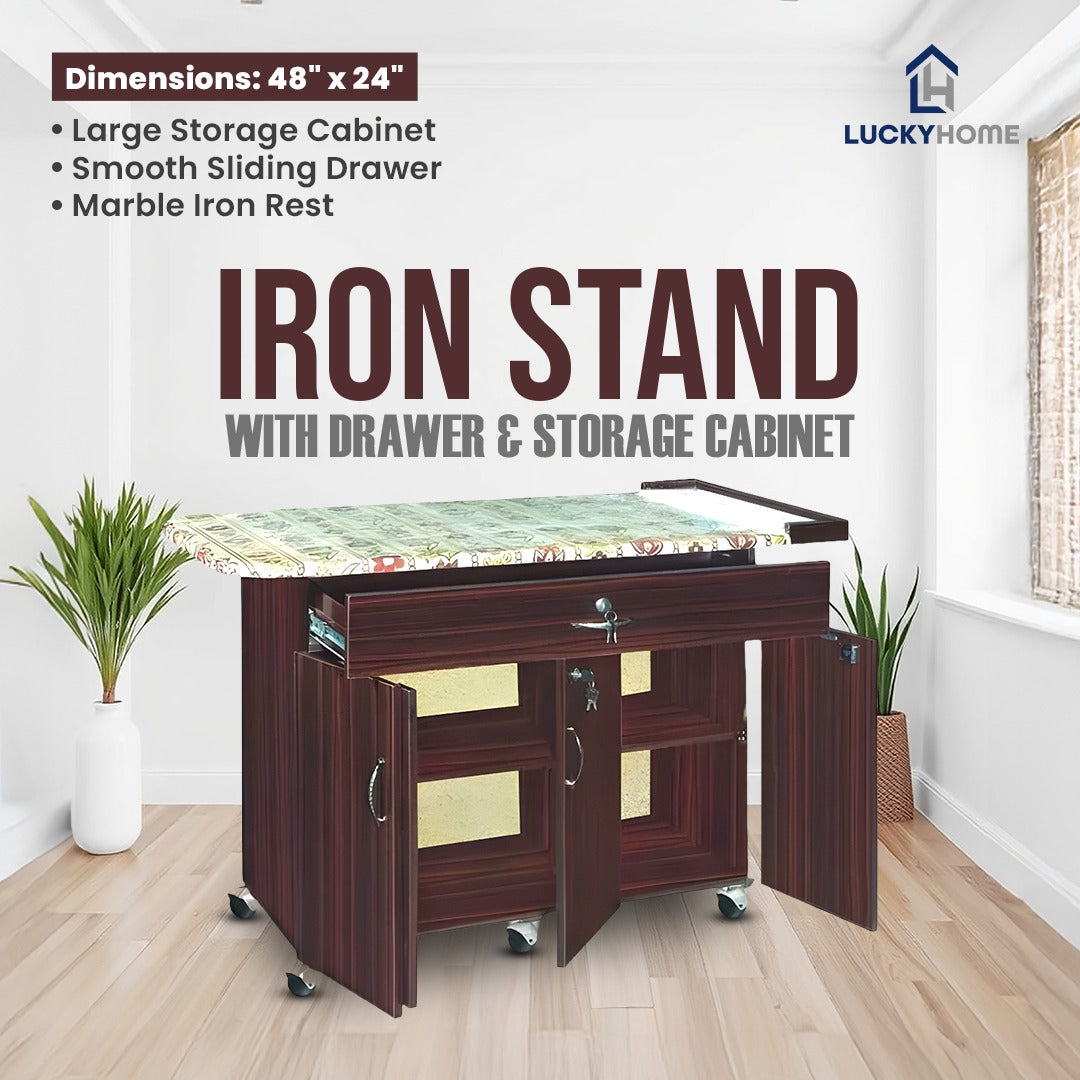 Iron Stand with Drawer & Storage Cabinet | Spacious 4ft x 2ft Wooden Ironing Table with Wheels