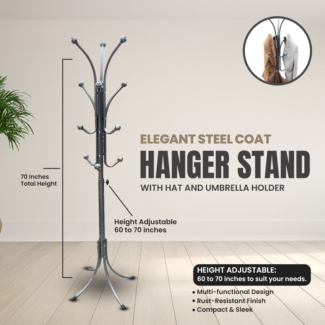 Elegant Steel Coat Hanger Stand with Hat and Umbrella Holder for Home & Office
