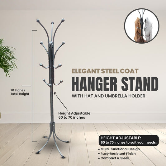 Elegant Steel Coat Hanger Stand with Hat and Umbrella Holder for Home & Office