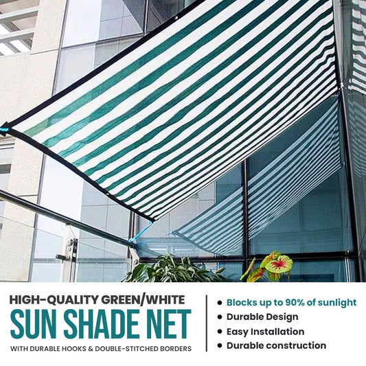 High-Quality Green/White Sun Shade Net with Durable Hooks & Double-Stitched Borders