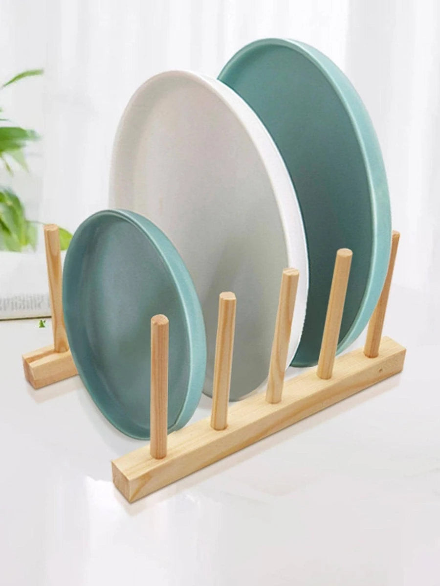 Multifunctional wooden dish rack with multiple slots for drying cups, plates, and pan lids. Made of durable food-grade wood and bamboo, featuring a compact design for easy storage and use. Dimensions: 14x12x11.5 cm