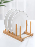 Multifunctional wooden dish rack with multiple slots for drying cups, plates, and pan lids. Made of durable food-grade wood and bamboo, featuring a compact design for easy storage and use. Dimensions: 14x12x11.5 cm