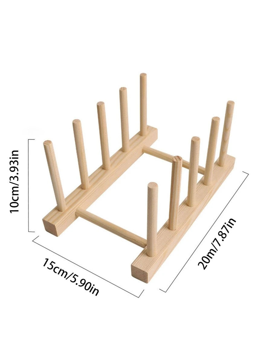 Multifunctional wooden dish rack with multiple slots for drying cups, plates, and pan lids. Made of durable food-grade wood and bamboo, featuring a compact design for easy storage and use. Dimensions: 14x12x11.5 cm