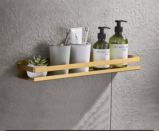 Modern stainless steel wall-mounted bathroom shelf caddy in black and gold, featuring a sleek brushed steel finish and an ergonomic design for easy access. Includes hardware for secure installation
