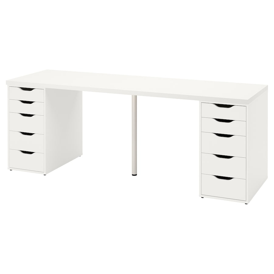 working desk measuring 78 3/4" x 23 5/8", featuring a spacious tabletop with pre-drilled holes for easy assembly, multiple drawer units for storage, and room for an extra chair.