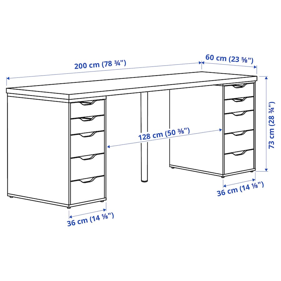 working desk measuring 78 3/4" x 23 5/8", featuring a spacious tabletop with pre-drilled holes for easy assembly, multiple drawer units for storage, and room for an extra chair.