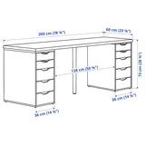 working desk measuring 78 3/4" x 23 5/8", featuring a spacious tabletop with pre-drilled holes for easy assembly, multiple drawer units for storage, and room for an extra chair.